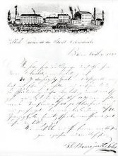 Továrník Bracegirdle potvrzuje dodání 30 pušek pro národní gardu v Ivančicích - v záhlaví pohled na jeho strojírnu (1848). Brněnští puškaři 1650-1900 - historie jednoho řemesla.