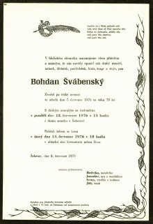 Úmrtní oznámení Theodora (Bohdana) Švábenského. Fotografii poskytla paní Pavlína Čechová, děkujeme.
