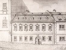 Vedutka: Alois Gödel, Rodný dům Mildeho, Panenská 3, kresba tužkou na papíře, před r. 1900. MuMB sbírky, inv. č. 2586.