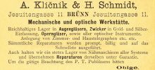 Dobová reklama na podnik Arnolda Klíčníka. Zdroj: Führer durch Brünn und seine Umgebung, Brünn 1885, nestr.