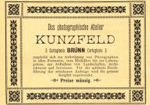 Dobová reklama na fotografický ateliér Josefa Kunzfelda. Zdroj: Führer durch Brünn und seine Umgebung, Brünn 1885, nestr.