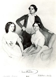 Rodina Josefa Nerudy, varhaníka u sv. Petra (zleva Amálie Nerudová, Viktor Neruda a Vilemína Nerudová). Litografie z roku 1850. Zdroj: AMB, fond U5 - sbírka fotografií, sign. XVIIIa 1387.