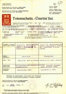Úmrtní list Antonína Daňka, vystavený Farním úřadem v Brně-Komíně dodatečně 23. 3. 1943. Poprava byla vykonána ve druhém stanném právu dne 3. 7. 1942 v Kounicových kolejích v Brně-Žabovřeskách, které patřily do farnosti...