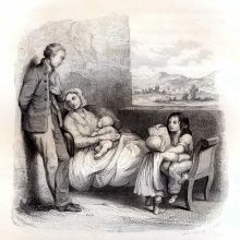 Silvio Pellico při rozhovoru s nemocnou Annou Smrčkovou. Ilustrace pamětí S. Pellica, francouzské vydání z roku 1844.