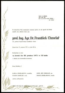 Smuteční oznámení Františka Chmelaře. Naskenované parte poskytl pan Milan Chmelař, děkujeme.
