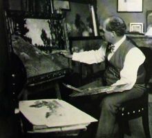 Umělec pracující v ateliéru - Foto 1924. Čerpáno z publikace / Hans Recht, Carl Maria Thuma 1870–1925, Ein Meister der mährischen Landschaft, SEALSFIELD VERLAG G.M.B.H., 7 STUTTGART 80.