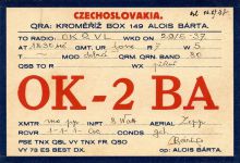 Staniční lístek Aloise Bárty, OK2BA, z roku 1937. Pro naši encyklopedii poskytl pan Ladislav (Laco) Polák, děkujeme.