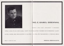 Karel Odehnal (1913–1945) - rodinné oznámení úmrtí Karla Odehnala. Fotografii poskytla paní Eva Suchanová, děkujeme.